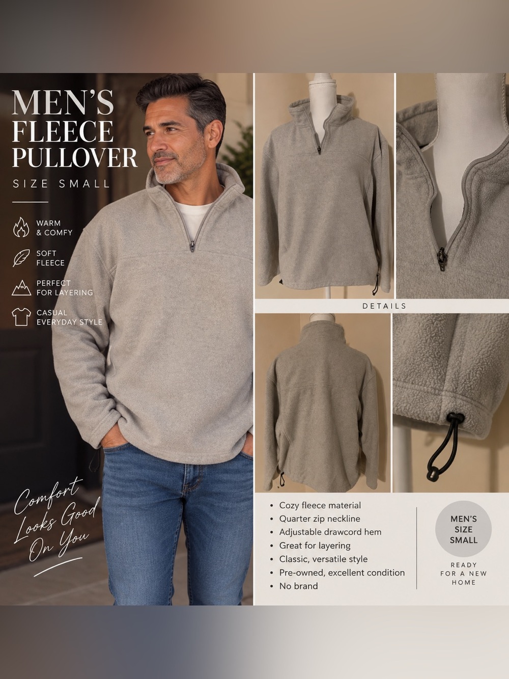 Men's Gray Cozy Fleece Quarter-Zip Pullover